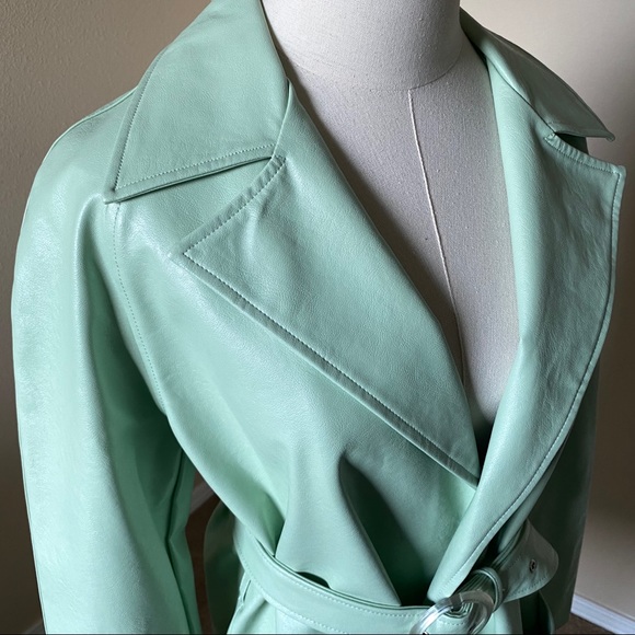 Mint Green Vegan Leather Trench Coat - Picture 6 of 10